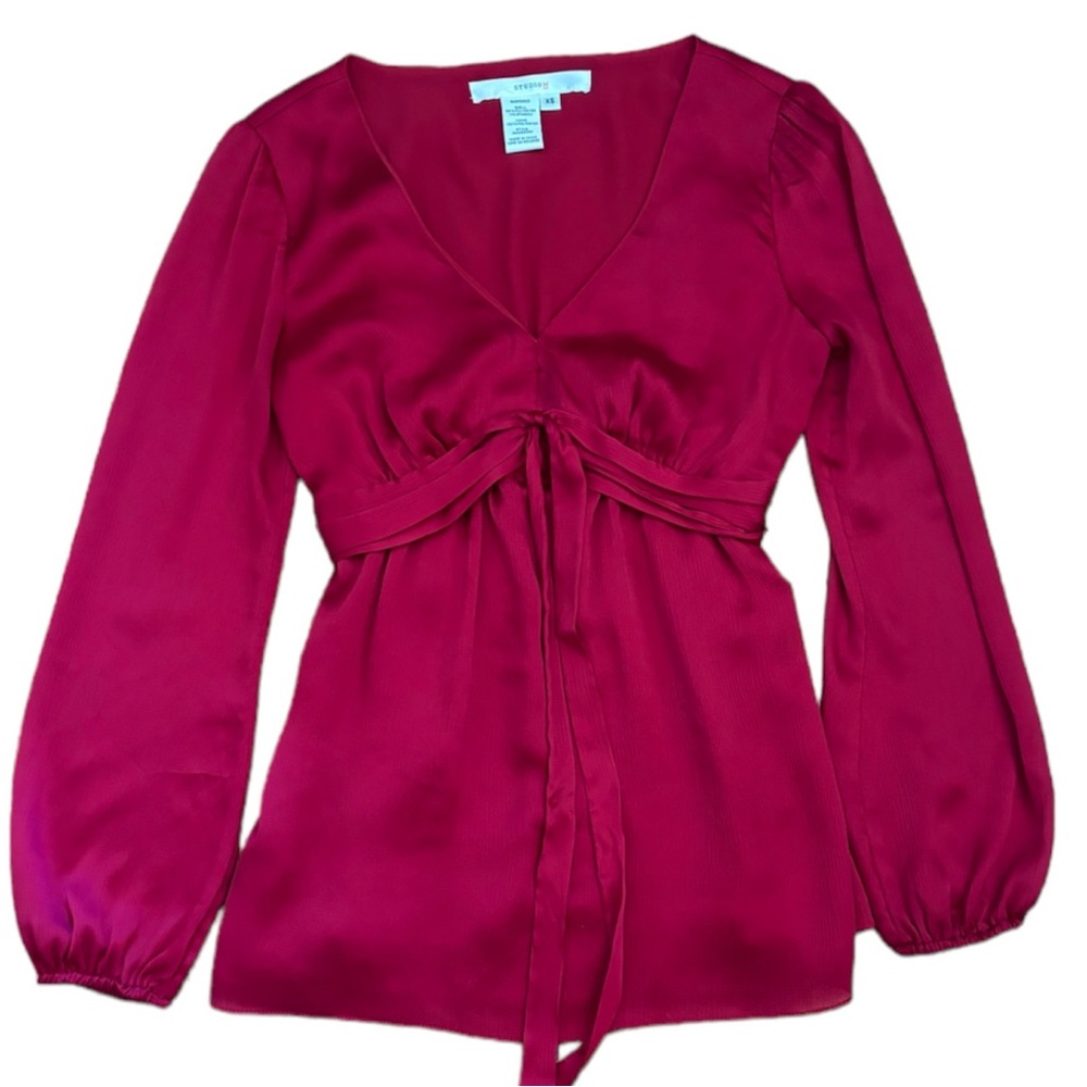 COPY - Y2K Satin Chiffon Tie Front Bow Red Long Sleeve Peasant Blouse